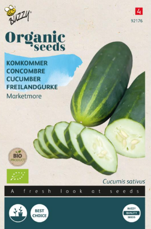 Foto van een zakje Komkommer Marketmore Bio verkrijgbaar bij DeDuurzameTuin.nl