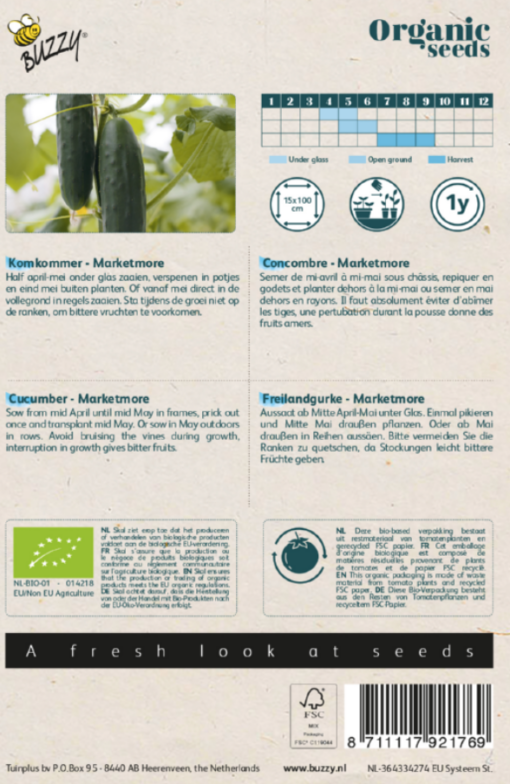 Foto van een zakje Komkommer Marketmore Bio verkrijgbaar bij DeDuurzameTuin.nl