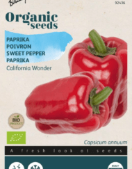 Foto van een zakje met Paprika Bio Rood California Wonder zaden verkrijgbaar bij DeDuurzameTuin.nl